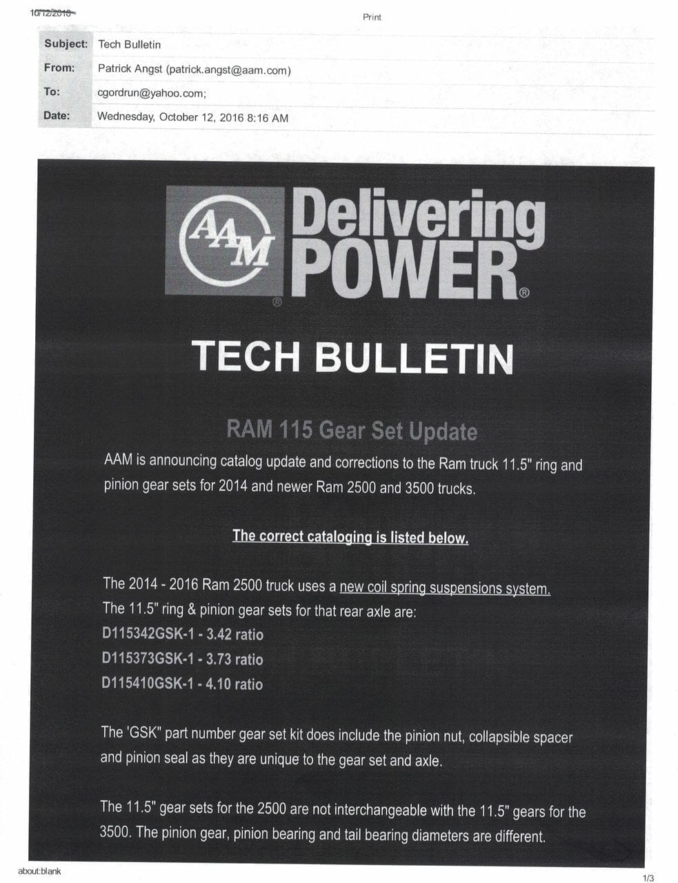 2014+ Dodge Ram 2500 11.5-3:73 Ring Gear Pinion Gear Set AAM